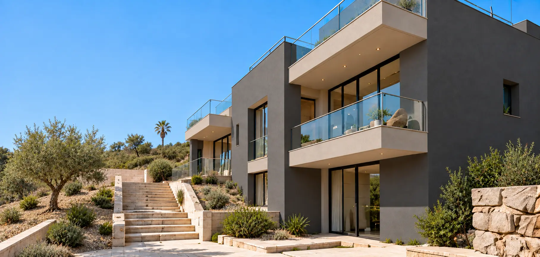 Modern finished exterior with glass balconies, landscaped steps and stone detailing
