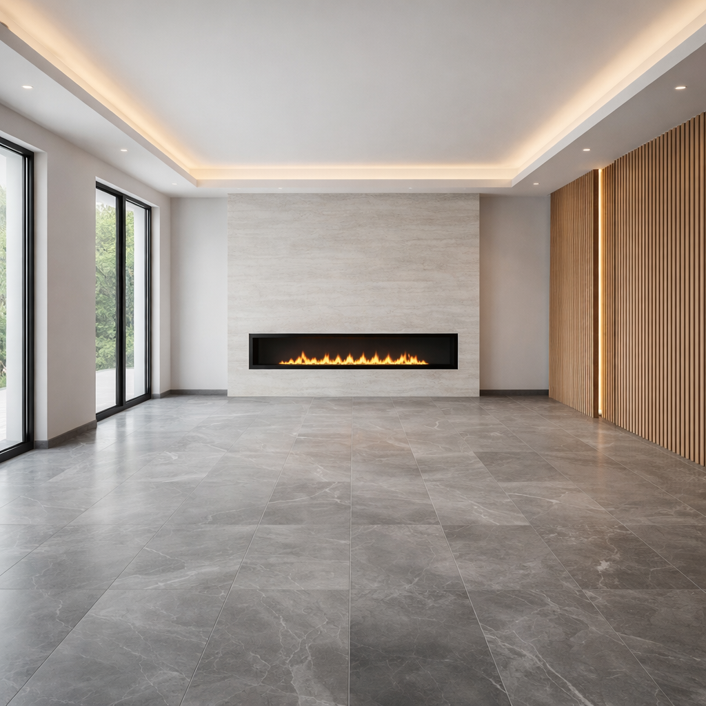 Modern interior renovation with finished floor, wall cladding and ceiling lighting