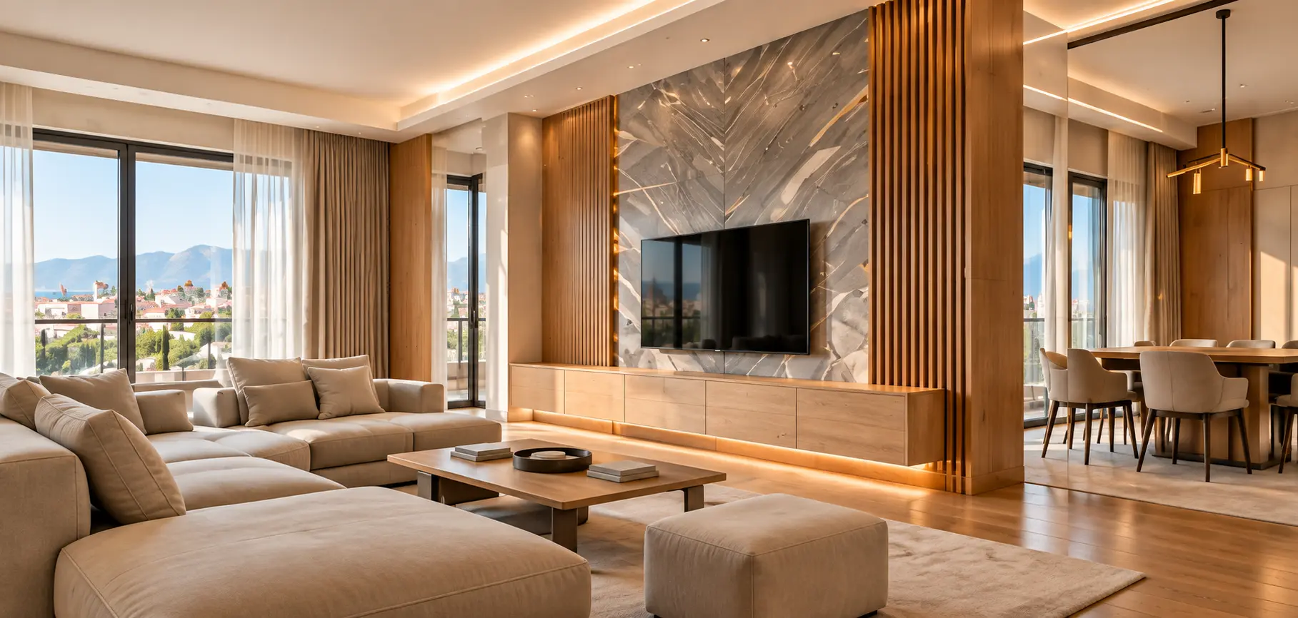 Finished living and dining room with wood cabinetry, marble feature wall and recessed lighting