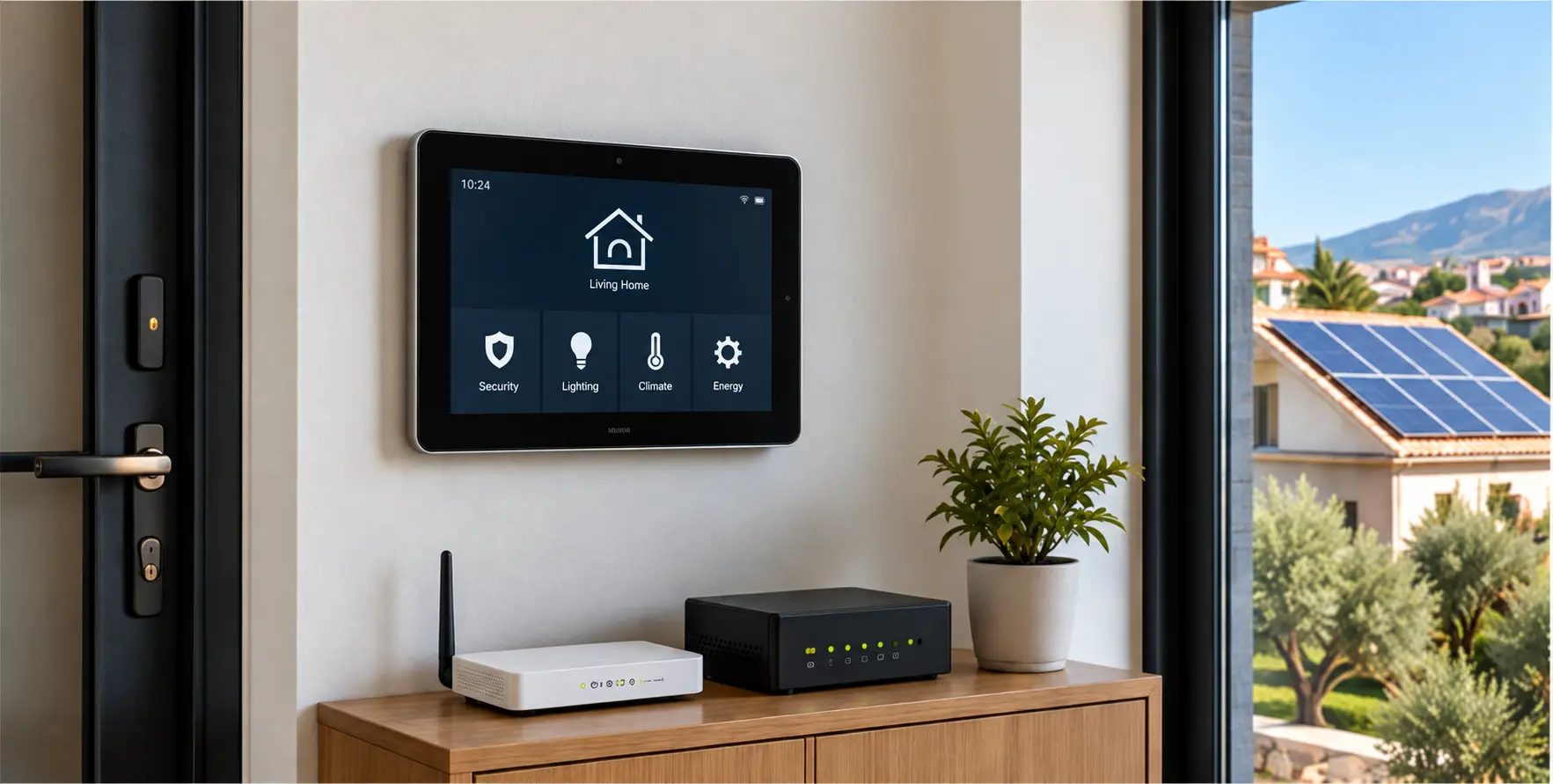 Smart-home control panel and networking equipment beside a window overlooking solar panels